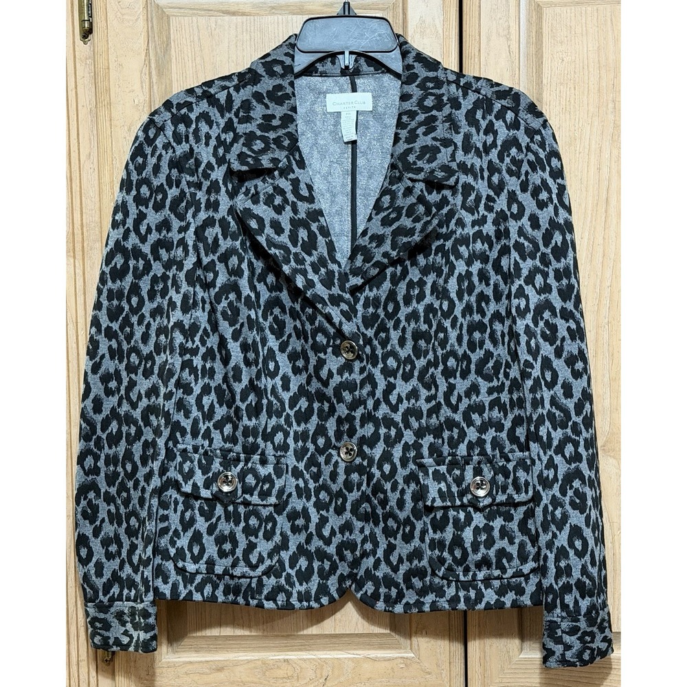 Charter Club Women's Leopard Print Jacket Blazer Sz Petite Large PL Button Front